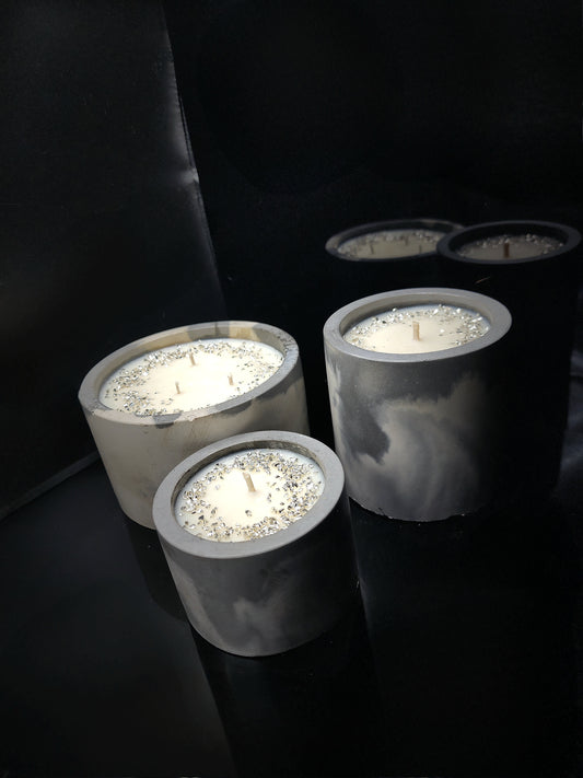 Cement vessels in marble finish, coffee scented soy wax candles